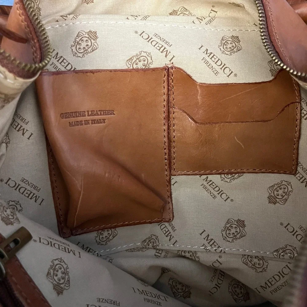 I Medici Firenze Genuine Leather Hobo Shoulder Bag‎ Tan Brown Double Zip Top